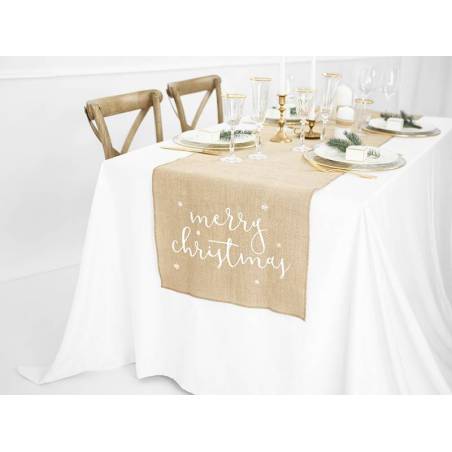 Chemin de table en jute Joyeux Noël blanc 50x250cm 