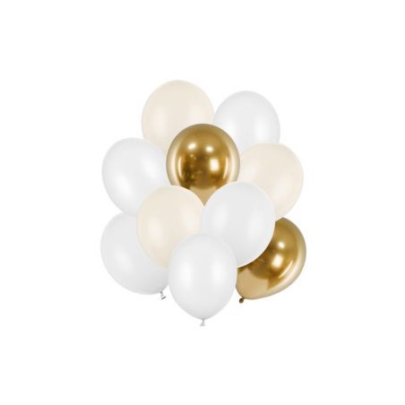 Bouquet de 10 ballons en latex, blanc, albâtre et or