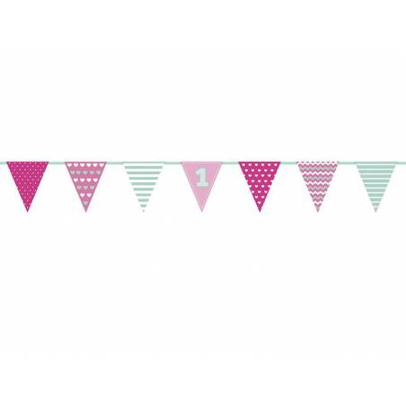 Guirlande en papier premier anniversaire rose et menthe 135 m 
