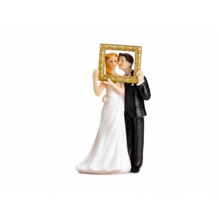 Cake Topper Les nouveaux mariés dans un cadre photo en or 14.5cm 
