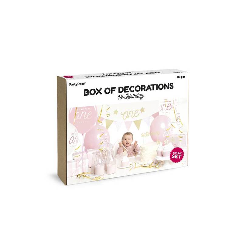 Kit décoration 1er anniversaire rose et or - 33 pièces